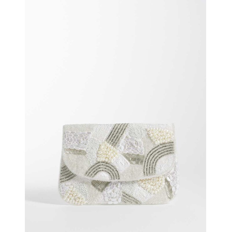 True Decadence pearl embellished envelope clutch in white