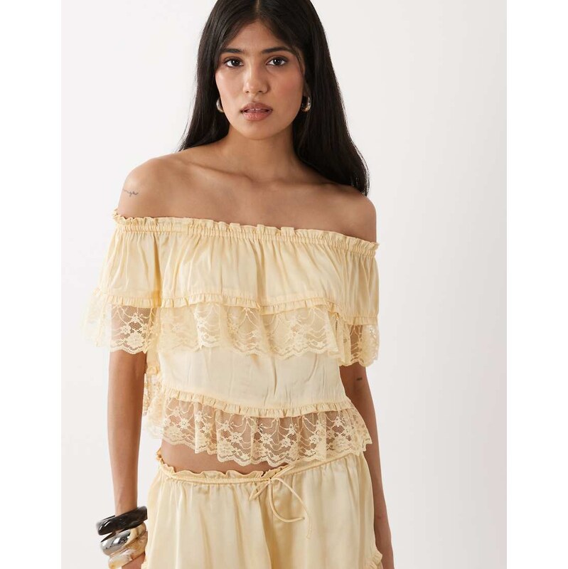 Miss Selfridge satin and lace bardot top co-ord in buttermilk