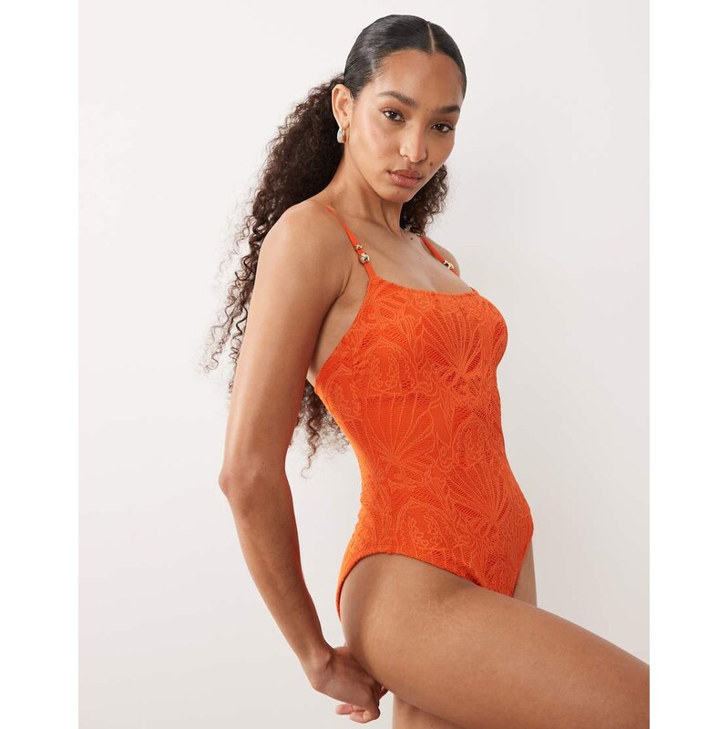 New Look crochet ruched side swimsuit in orange pattern