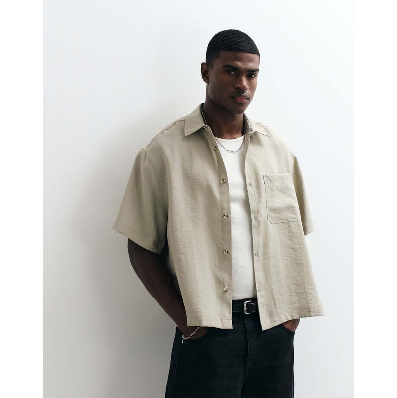 ASOS DESIGN boxy oversized drapey shirt in beige-Neutral