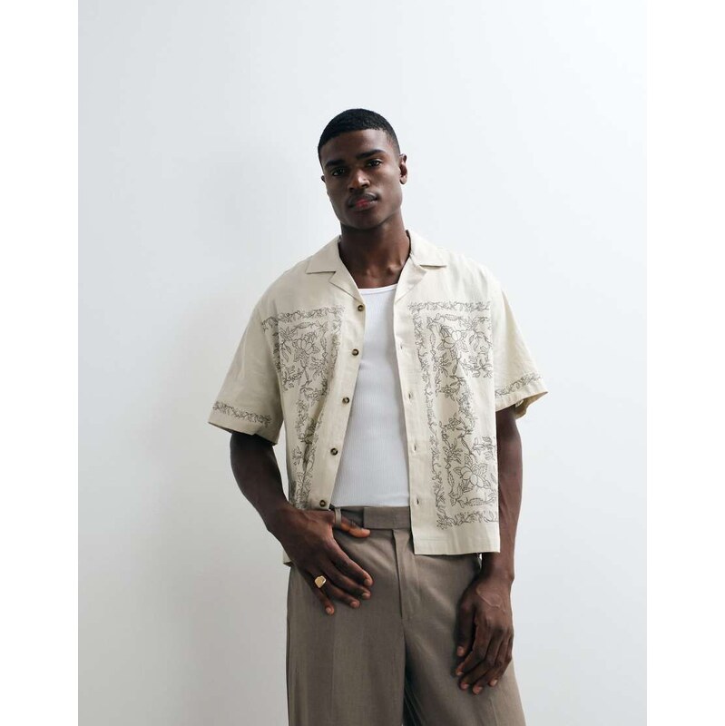 ASOS DESIGN oversized boxy printed shirt in beige-Neutral