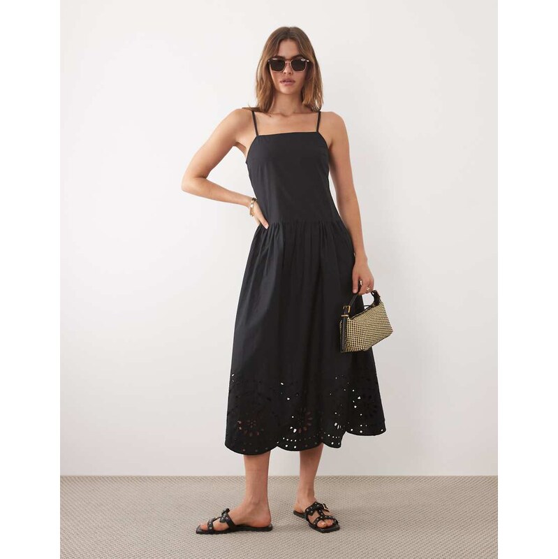 New Look broderie hem cami midi dress in black