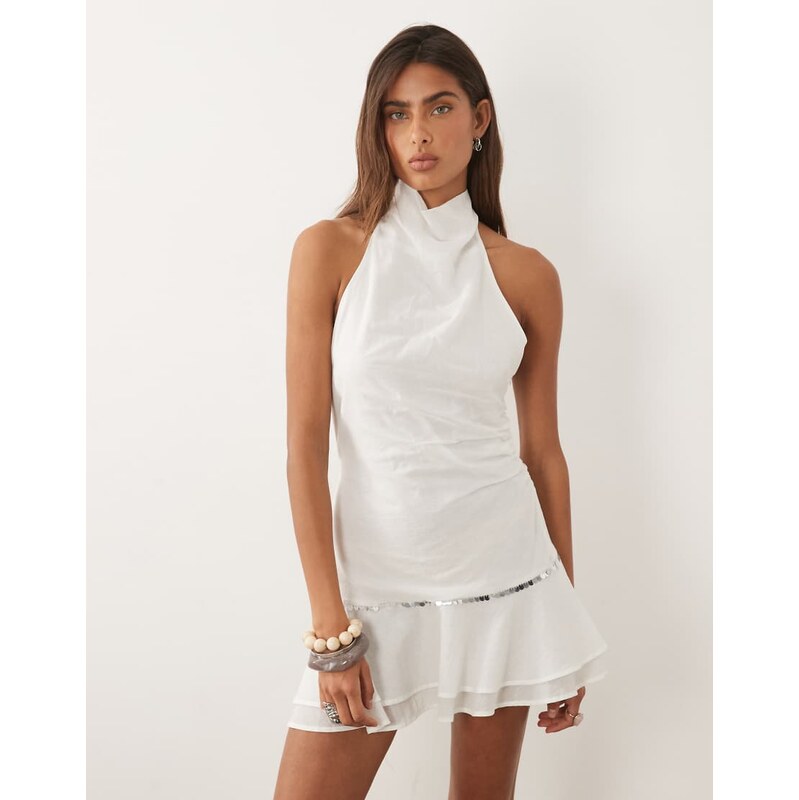 Mango high neck ruffle trim embellished beach dress in white