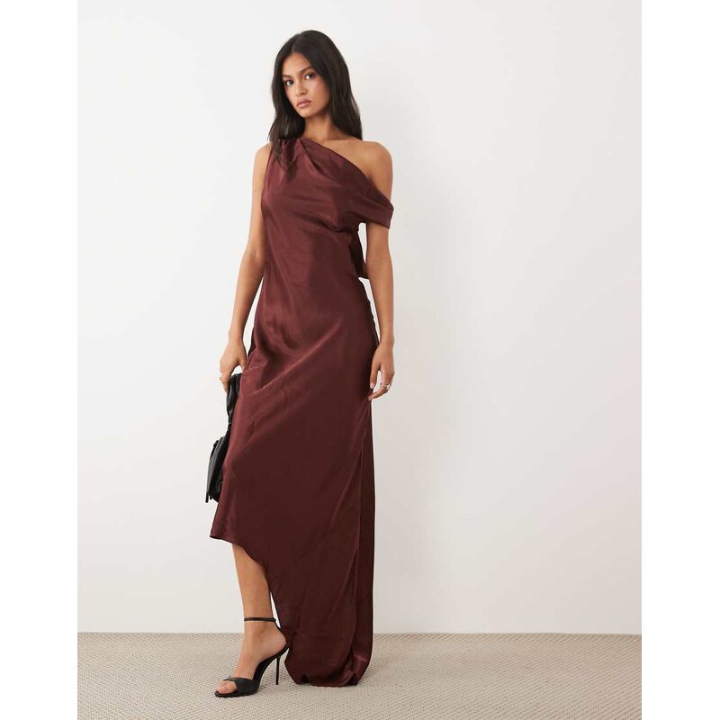 JW PEI exclusive satin draped one shoulder asymmetric satin maxi