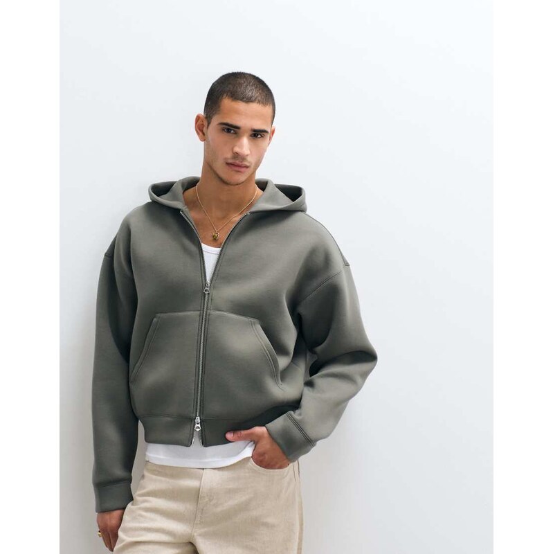 Weekday Simon zip through hoodie in dark khaki in scuba-style