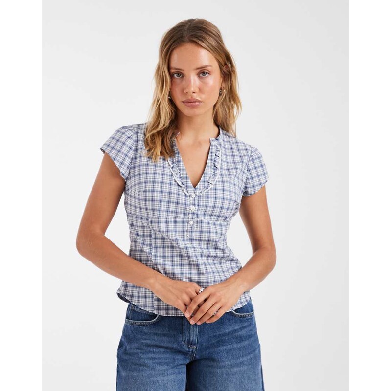 Hollister smocked short sleeve shirt in white check
