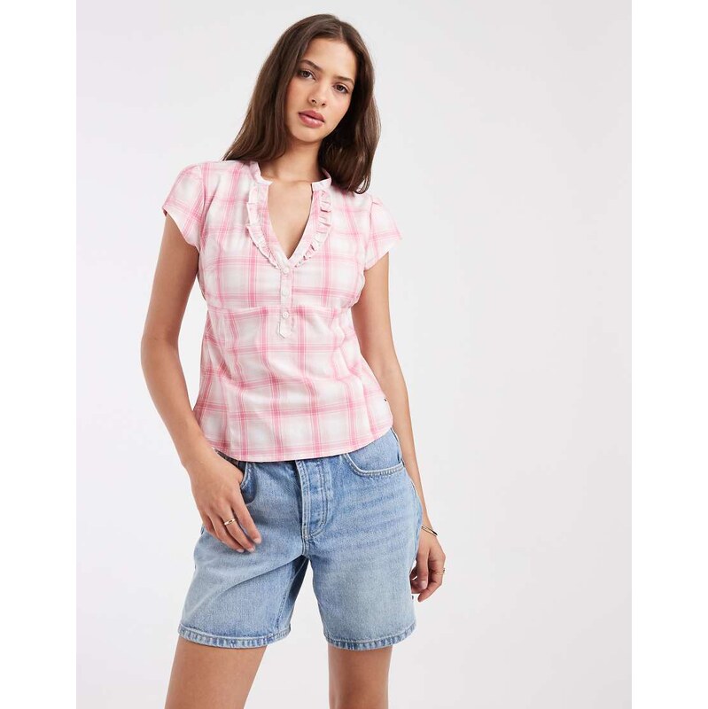 Hollister cinched short sleeve henley shirt in pink plaid