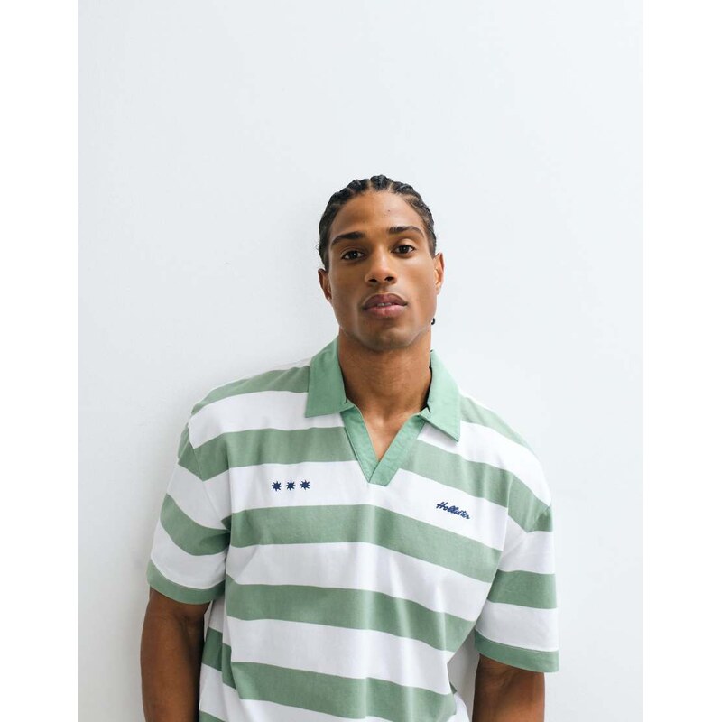 Hollister oversized short sleeve polo in green and white stripe