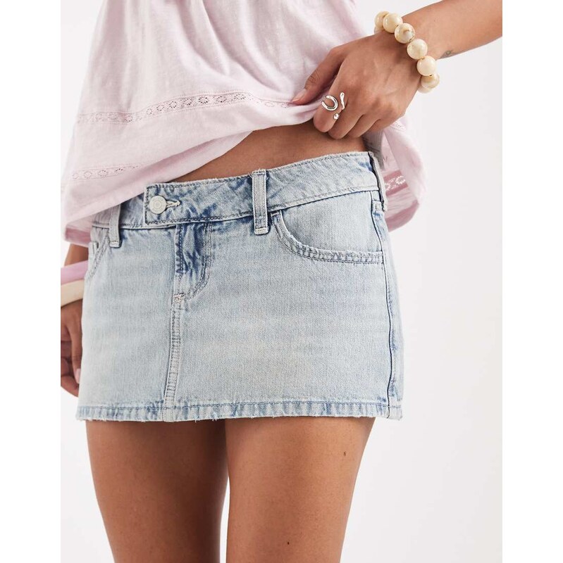 Hollister low rise mini denim skort in light wash blue