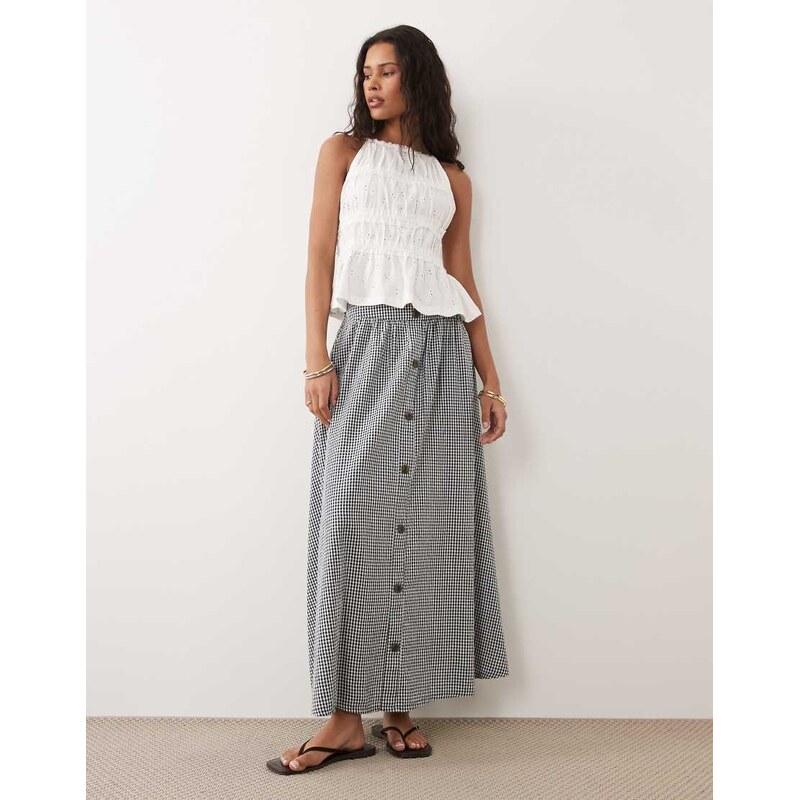 New Look gingham button through midi skirt in black