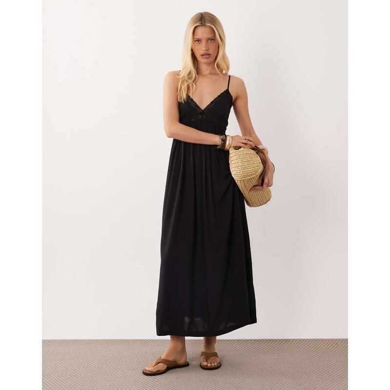Brave Soul strappy black maxi dress with lace trim in black