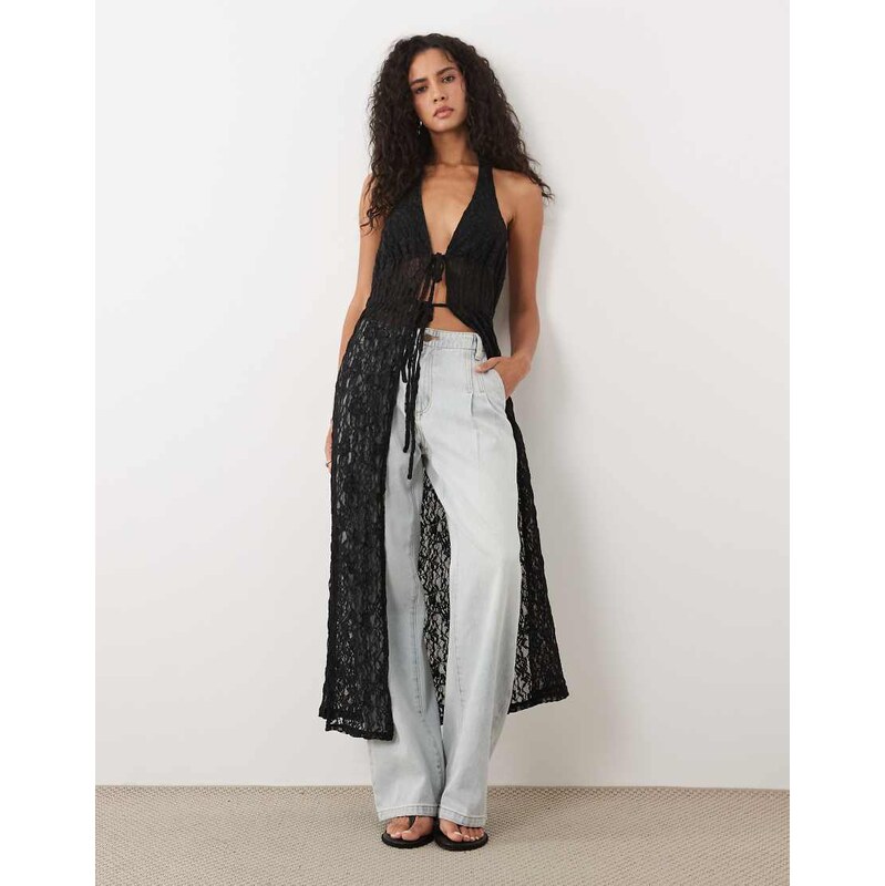Miss Selfridge split tie front festival halter maxi top in black