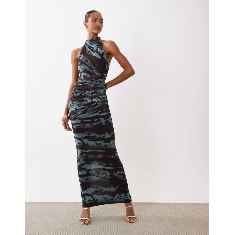 ASOS DESIGN mesh twist bust detail halter maxi dress with tie