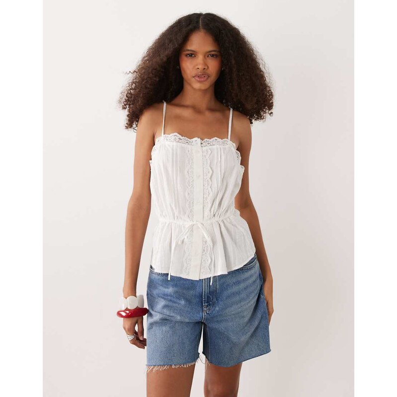 JDY tie waist cami top with lace details in white