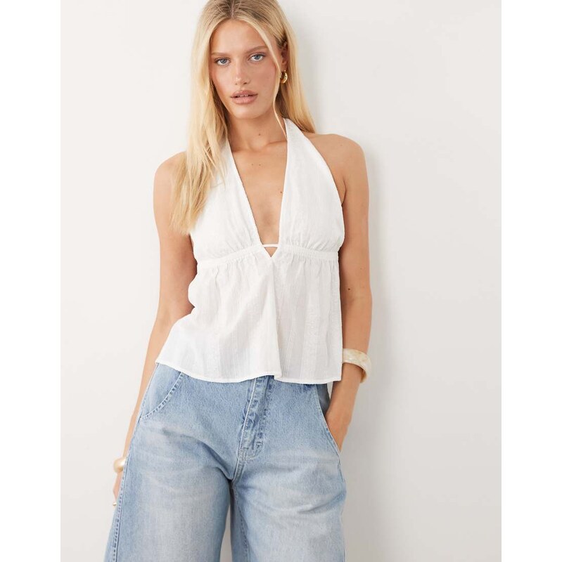 New Look stripe embroidered halter neck top in white
