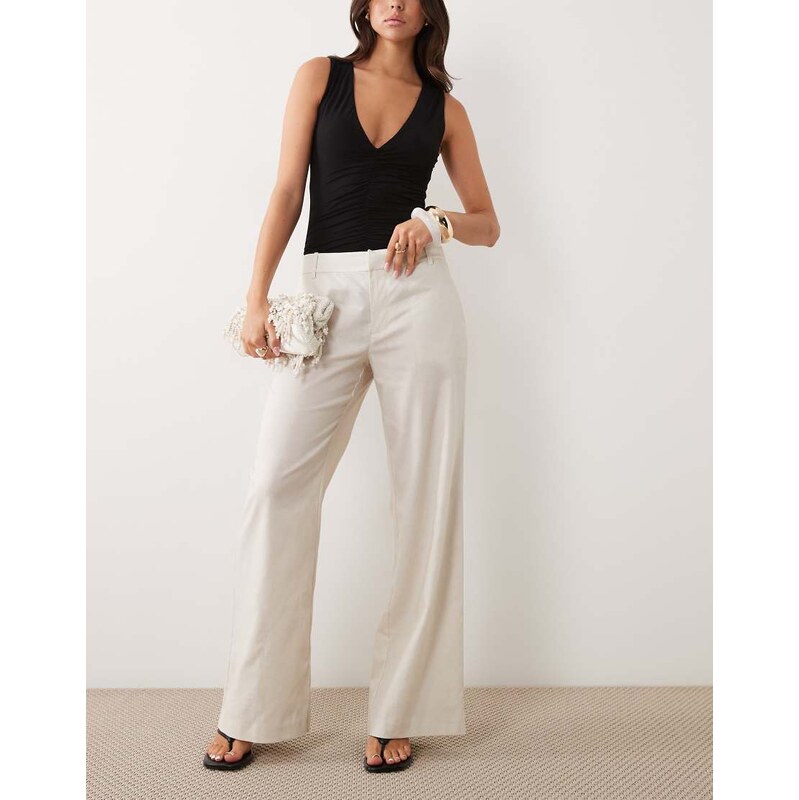 Good American linen mid rise relaxed wide leg trouser in beige