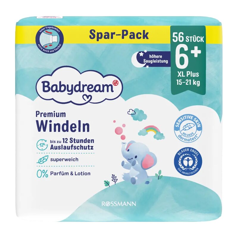 Babydream Pleny Premium, 15–21 kg, vel. 6+, XL+ 56 ks 56 ks