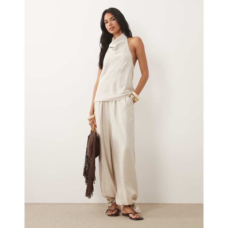 ASOS DESIGN linen blend co-ord balloon trouser in cream-Brown