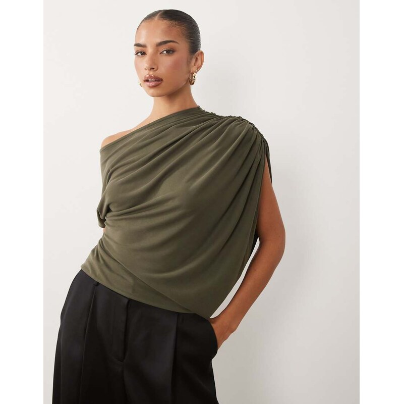 ASOS DESIGN soft touch asymmetric ruched cape sleeve top in
