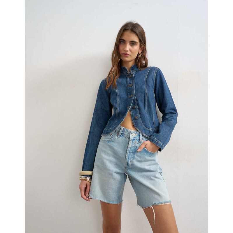 Topshop denim distressed Editor short in bleach-Blue