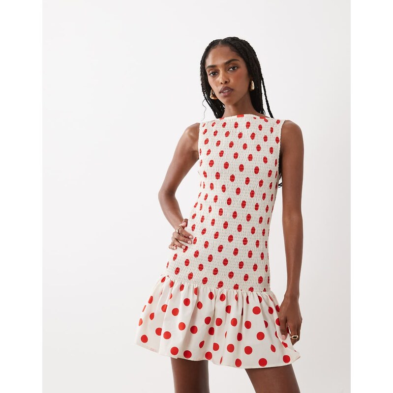 ASOS DESIGN shirred drop waist mini dress in cream and red spot