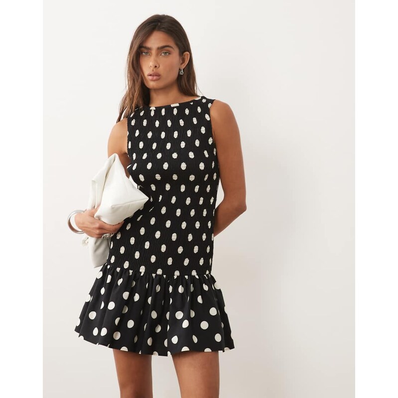 ASOS DESIGN shirred drop waist mini dress in black polka dot