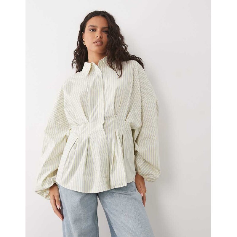 ASOS DESIGN pleated waist shirt in buttermilk stripe-Multi