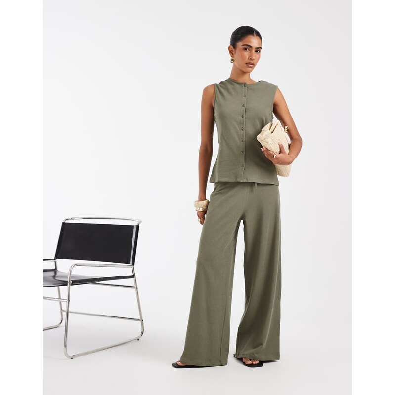ASOS DESIGN textured wide leg trouser co-ord in khaki-Green