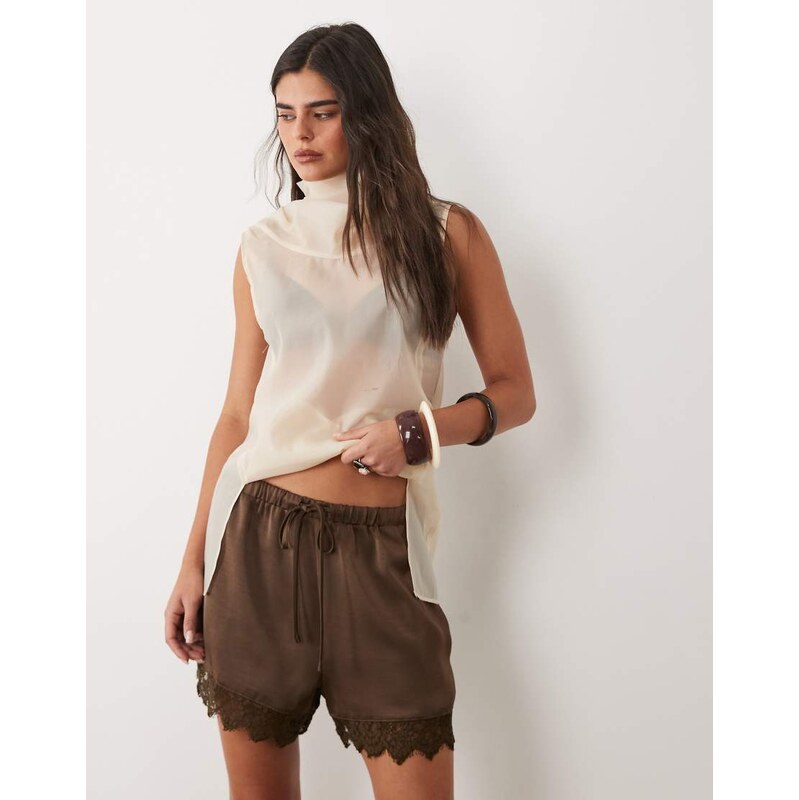 Brave Soul satin shorts with drawcord waist and lace trim in