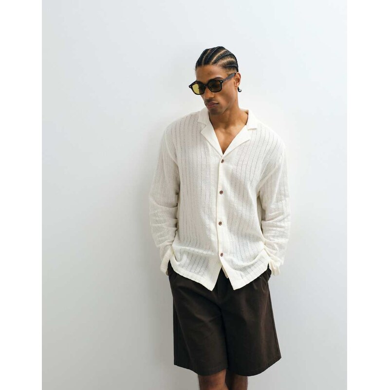 ASOS DESIGN relaxed deep revere broderie shirt in cream-White