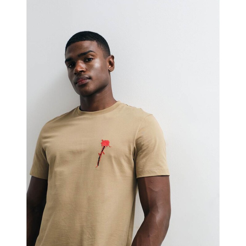 HUGO Red regular fit chest rose print t-shirt in beige-Neutral