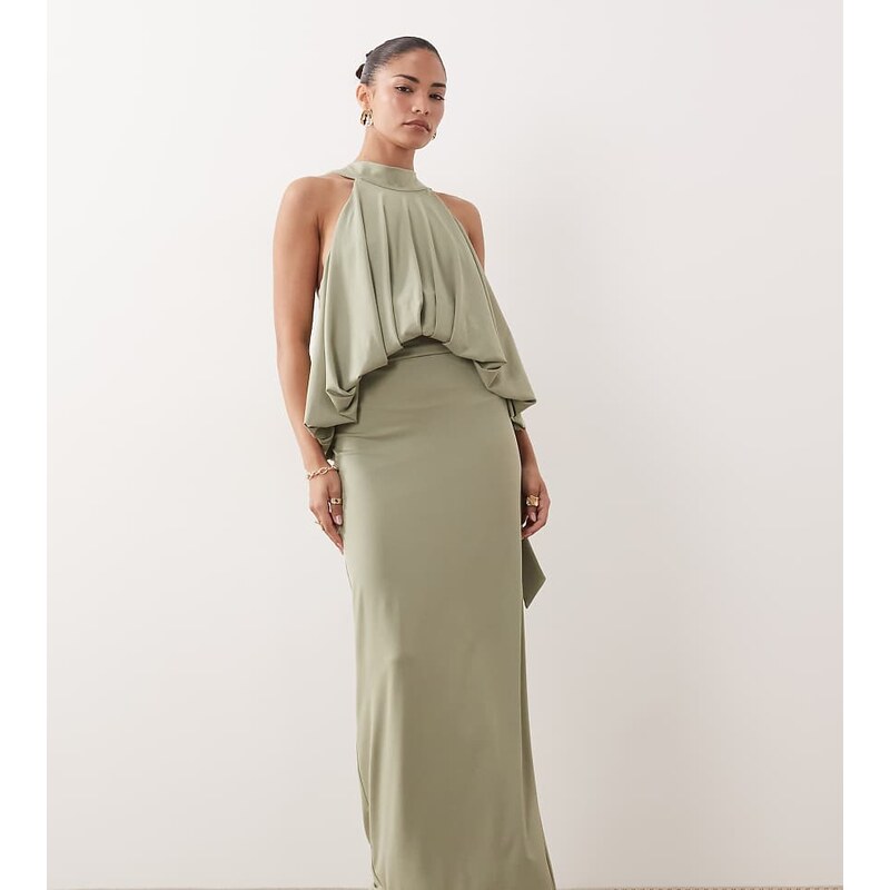 TFNC Petite slinky high neck halter detail backless maxi dress