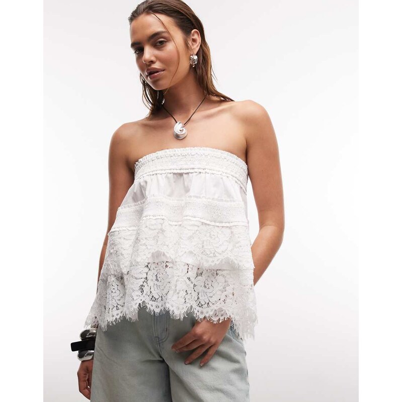 ASOS DESIGN lace hem shirred bandeau top in white