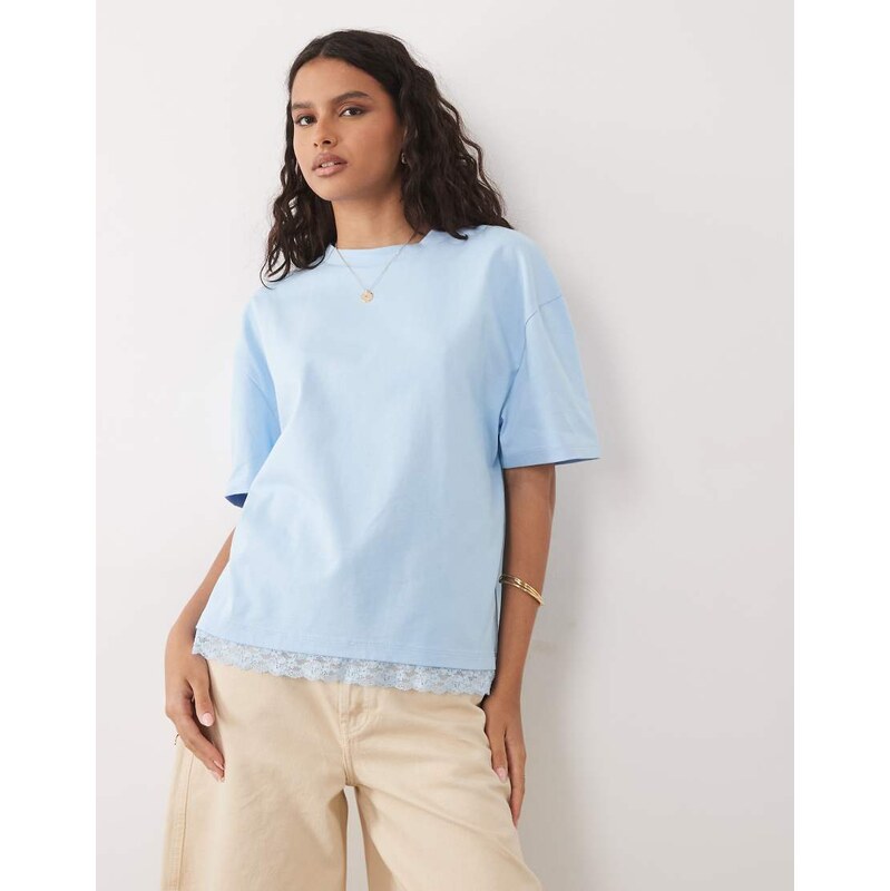ASOS DESIGN oversized t shirt co-ord with lace trim at hem in