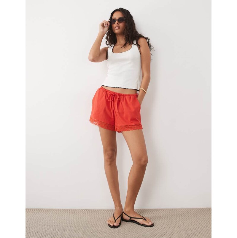 ASOS DESIGN satin lace trim draw cord shorts co-ord in red