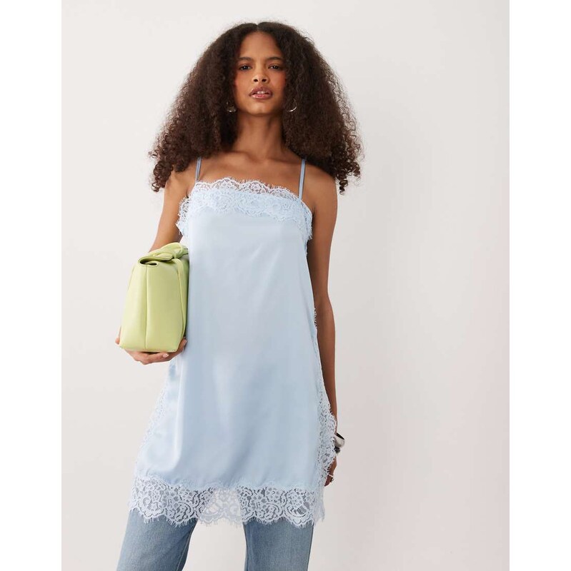 JDY satin cami top with lace trim in light blue