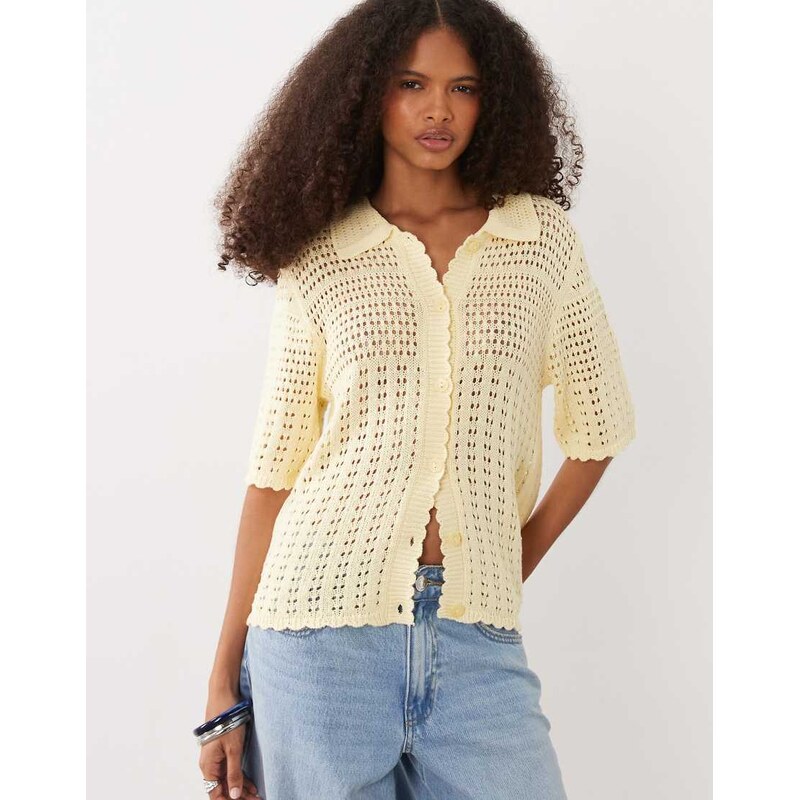 JDY short sleeve crochet cardigan in pale yellow