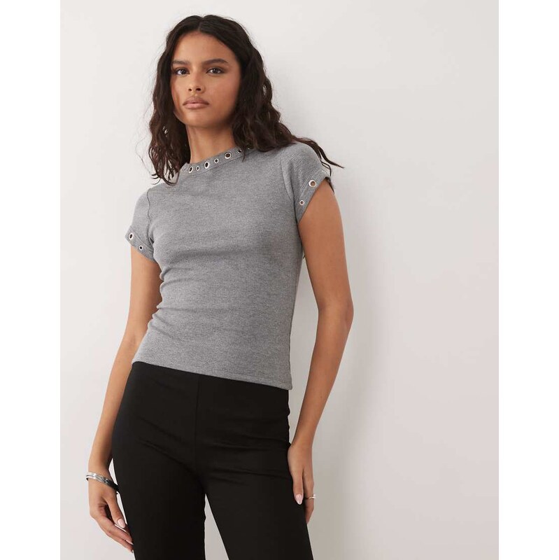 ASOS DESIGN short sleeve with stud detail top in grey marl-Brown