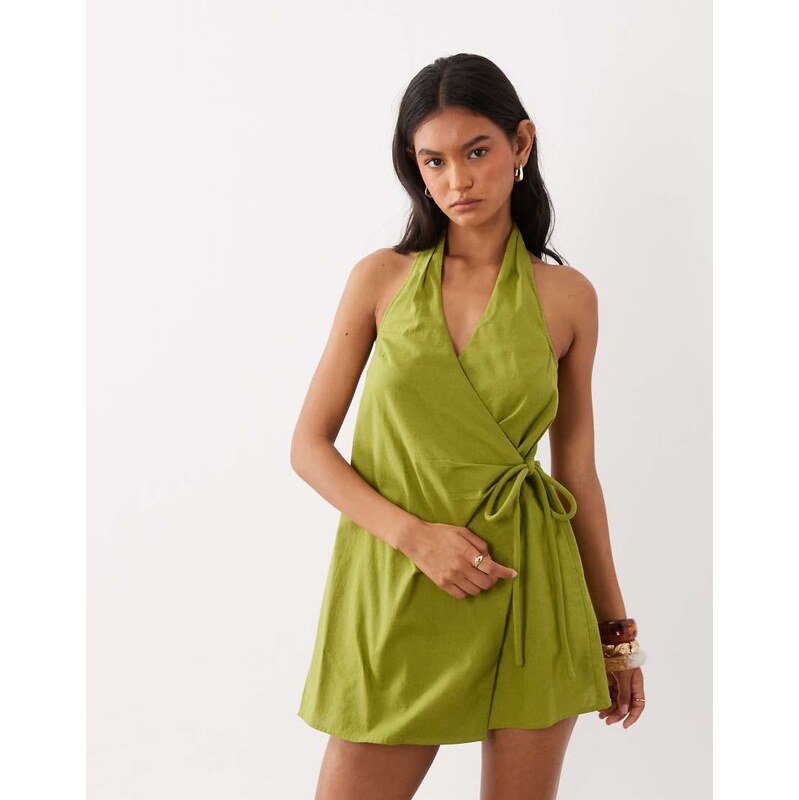 ASOS DESIGN cotton linen halter neck wrap mini sundress in dark
