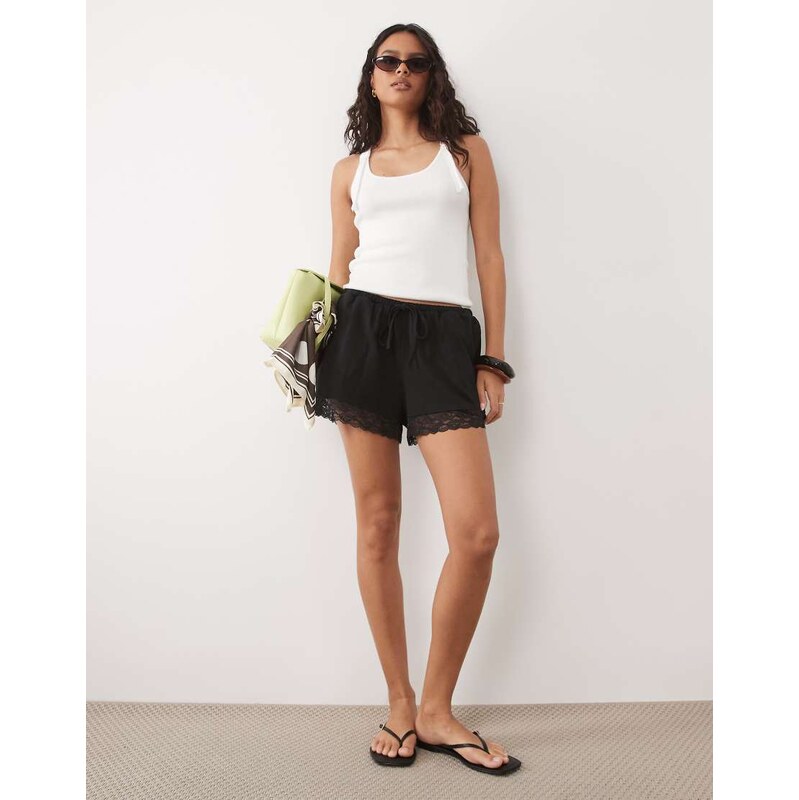 ASOS DESIGN satin lace trim draw cord shorts co-ord in black