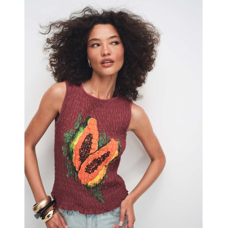 ASOS DESIGN Shirred vest with papaya graphic in brown