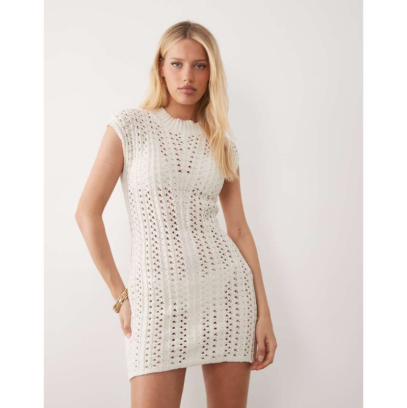 ASOS DESIGN crochet knit mini dress with cap sleeve-White