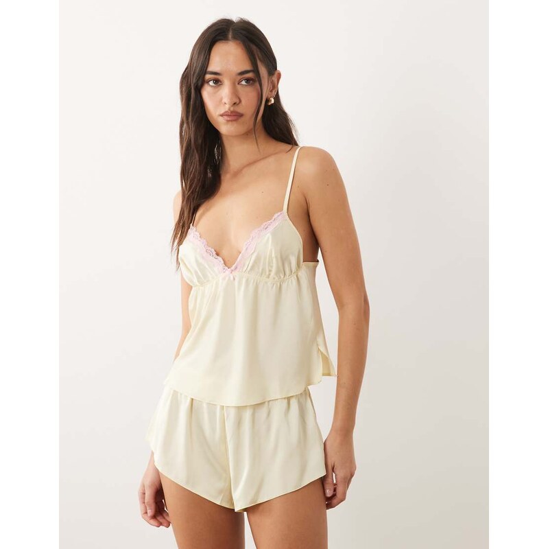 Boux Avenue Kaya satin cami set in yellow with pink trim