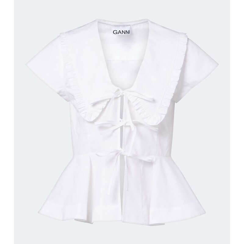 Ganni Bow-detail peplum cotton poplin blouse