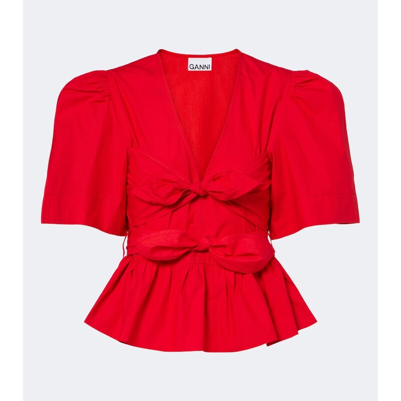 Ganni Bow-detail cotton poplin blouse
