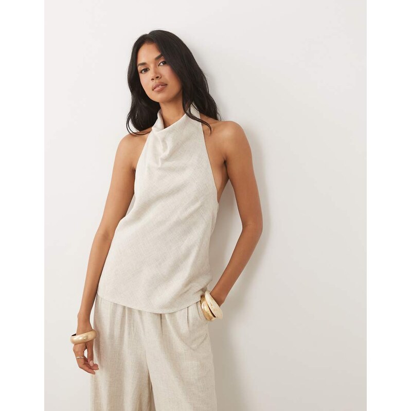 ASOS DESIGN linen blend drapey halter neck co-ord top in cream