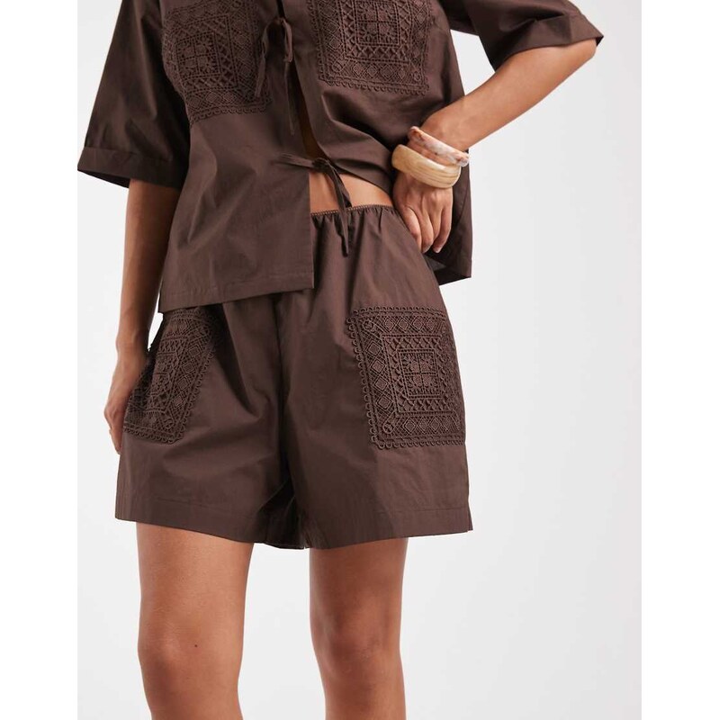 Object poplin crochet patch shorts co-ord in chocolate-Brown