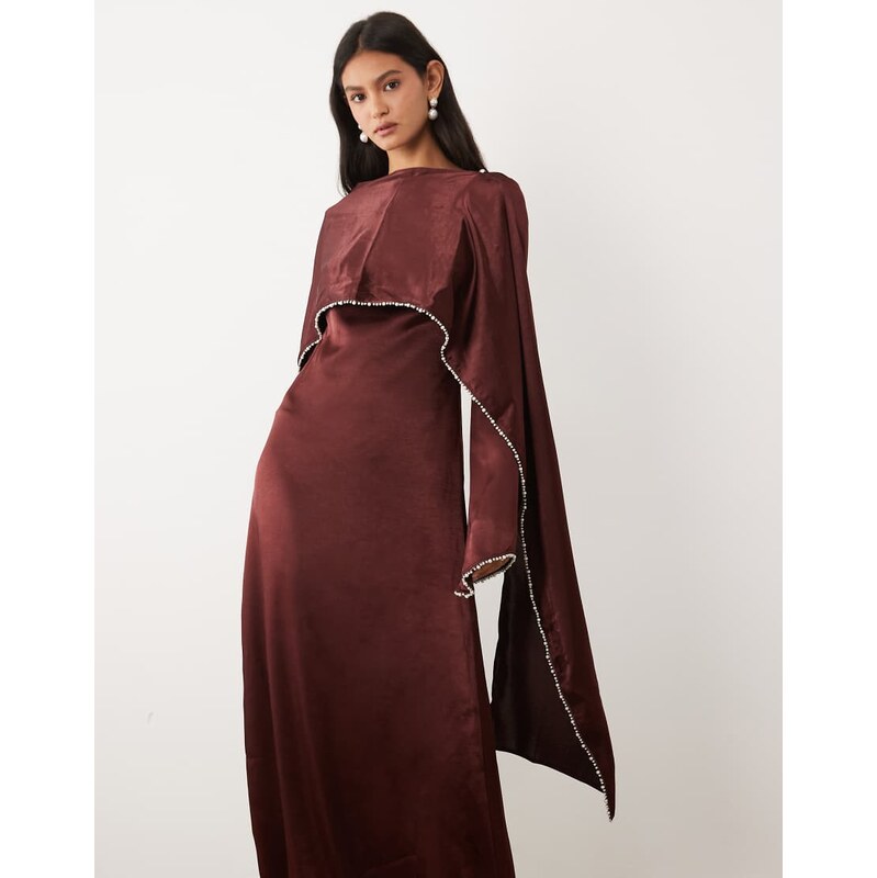 JW PEI exclusive satin pearl trimmed cape sleeve maxi dress in