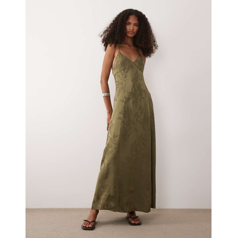 Armani Exchange maxi floral jacquard cross back dress in khaki