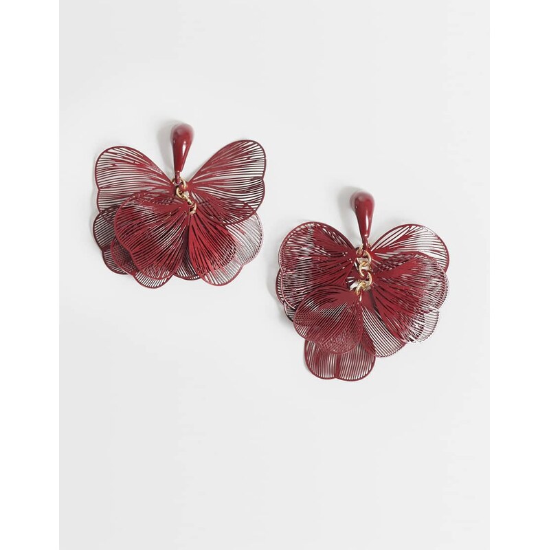 ASOS DESIGN earrings with small wire floral drops in burgundy